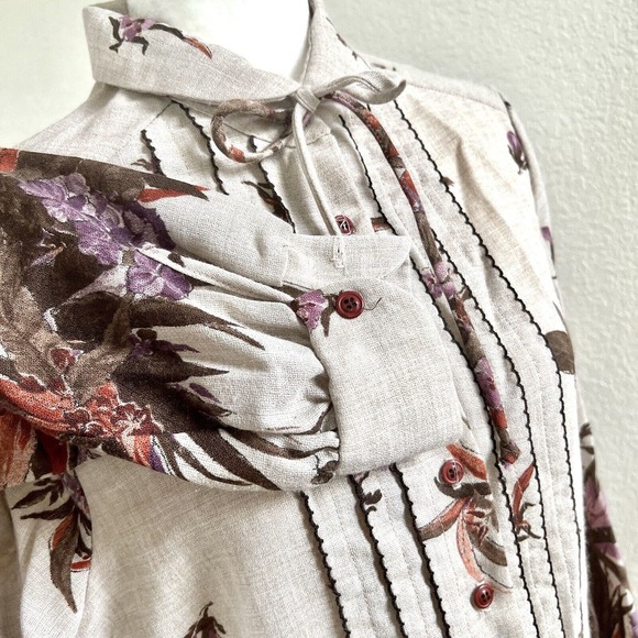 Vtg 70’s Sunshine Alley Brown Beige Floral Bird Print Dress Sz 16 With Tie Neck - Picture 8 of 16